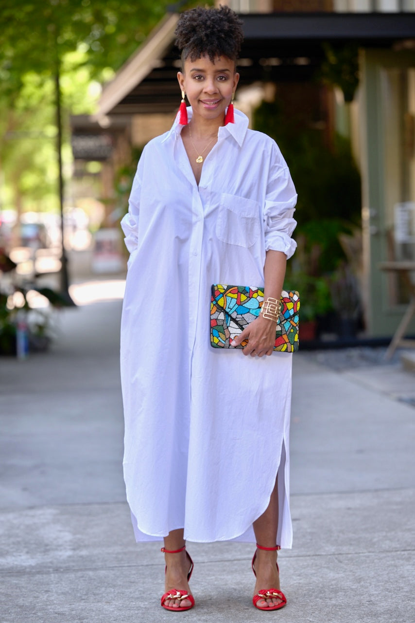 Poplin Maxi Button Down Shirt Dress w/ Pockets -White – pinkskyboutique.com