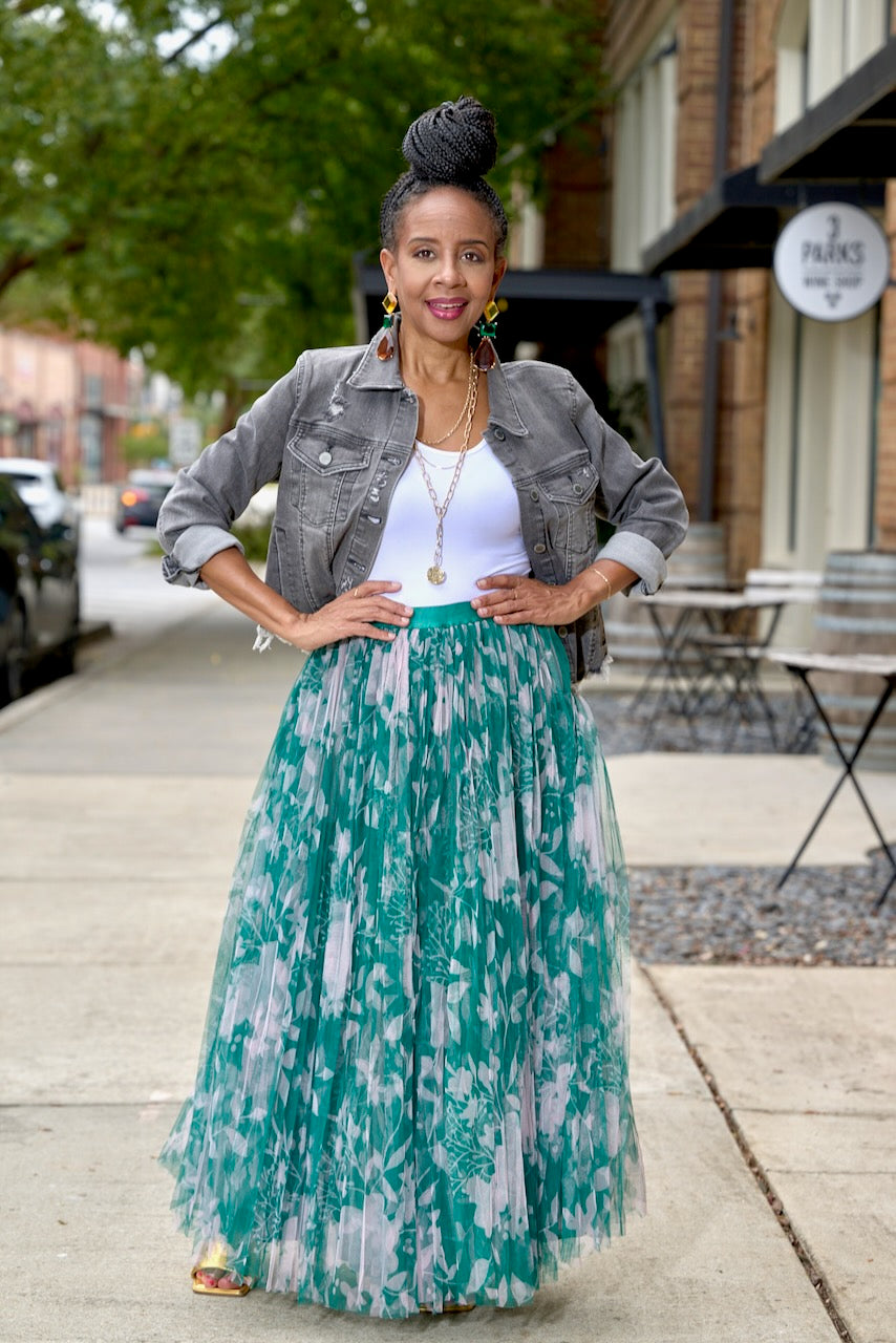 Floral Print Tulle Midi Skirt Green