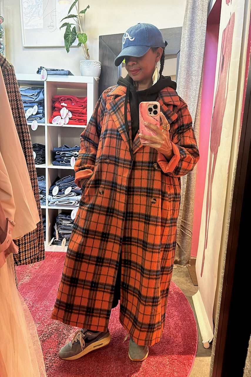 Orange Plaid Longline Coat pinkskyboutique