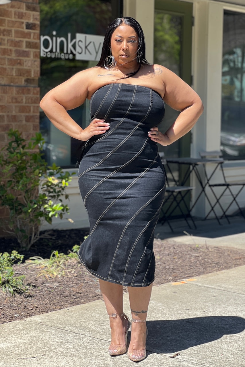 Curvy Swirl Seam Denim Tube Midi Dress FINAL SALE pinkskyboutique