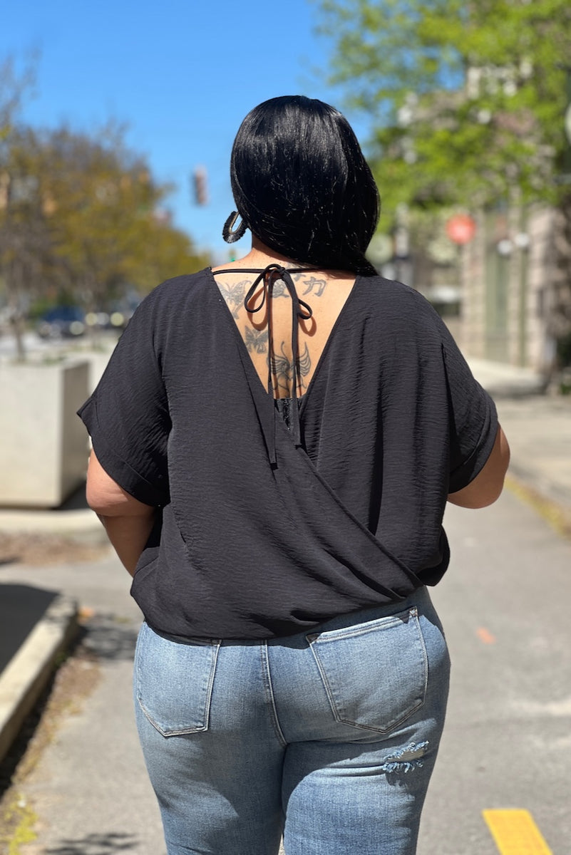 Curvy Tie Back Surplus Top -Black – pinkskyboutique.com