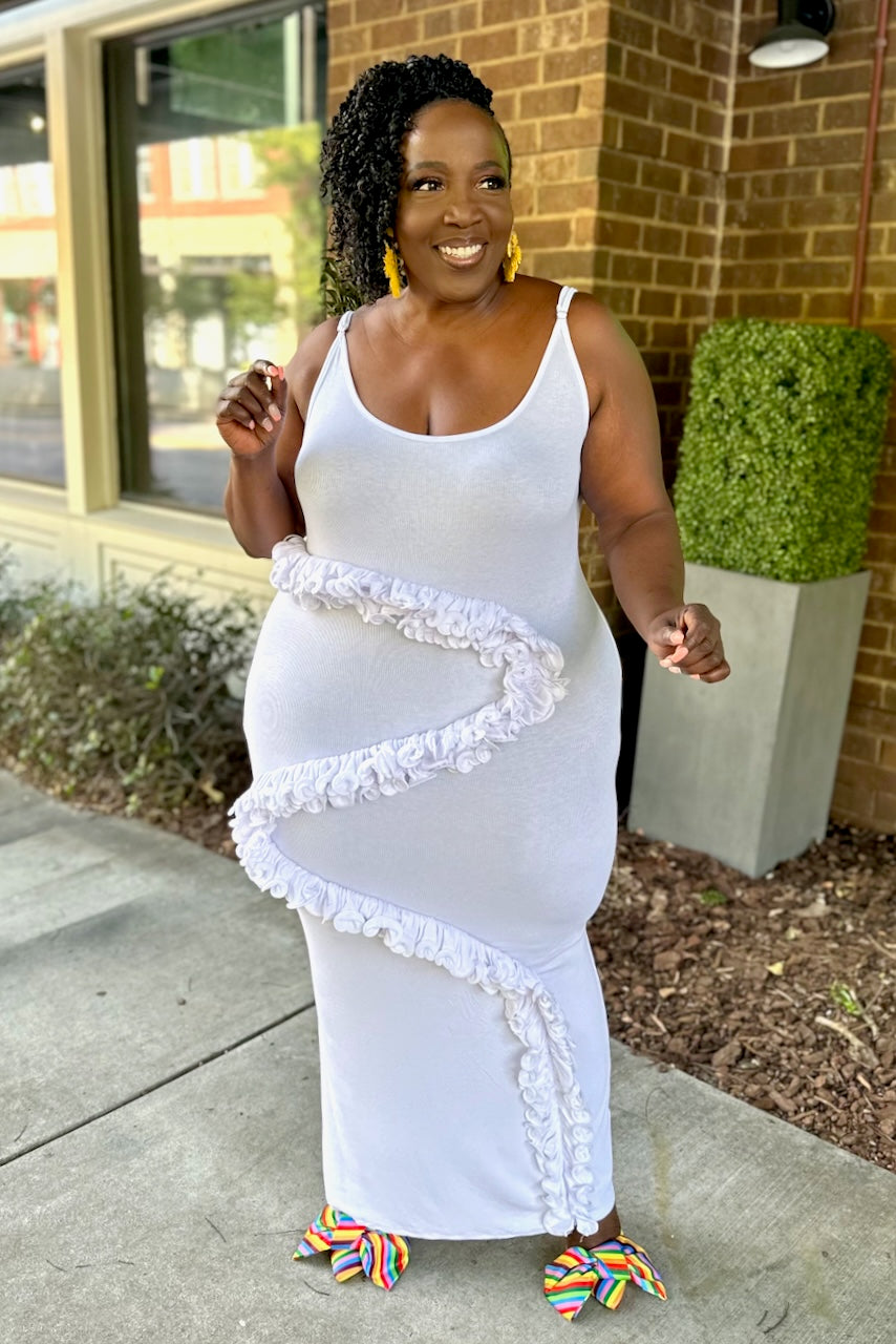 Curvy Ruffle Ribbed Tank Maxi Dress -White -FINAL SALE – pinkskyboutique.com