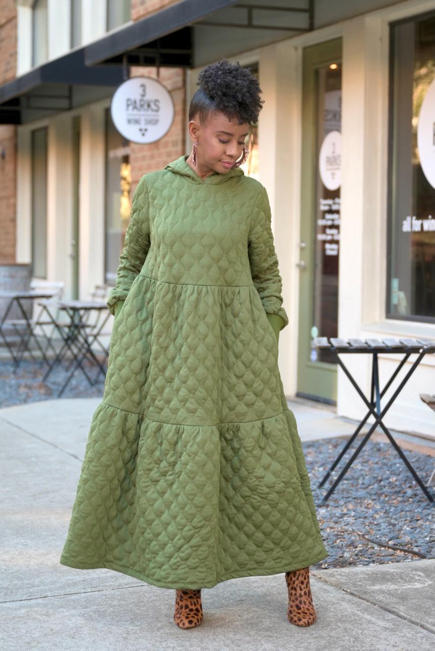 Tiered Quilted Hoodie Dress S XL OLive pinkskyboutique