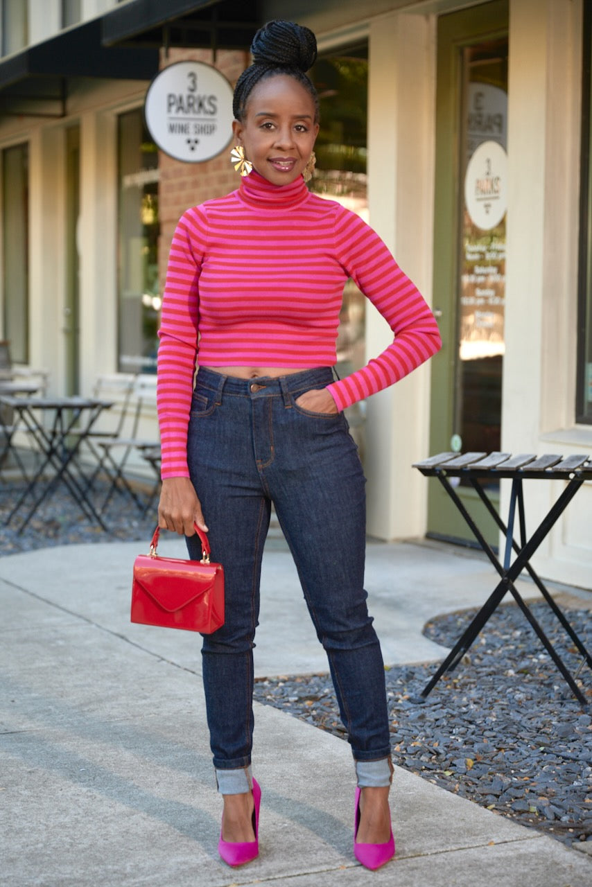 Stripe Crop Turtleneck Sweater Pink Red FINAL SALE